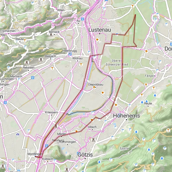 Miniatura della mappa di ispirazione al ciclismo "Esplorazione in bicicletta dei paesaggi rurali di Koblach" nella regione di Vorarlberg, Austria. Generata da Tarmacs.app, pianificatore di rotte ciclistiche