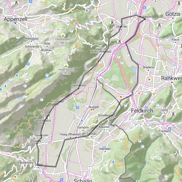 Kartminiatyr av "Nofels - Oberriet Korth Provlagningscykeltur" cykelinspiration i Vorarlberg, Austria. Genererad av Tarmacs.app cykelruttplanerare