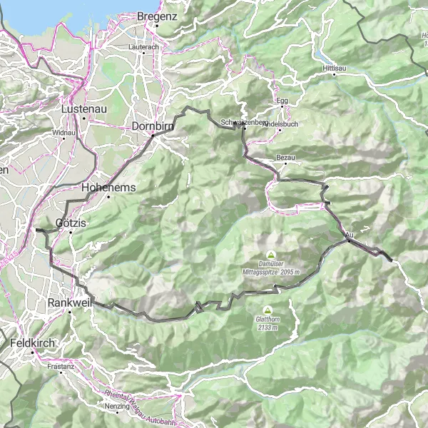 Zemljevid v pomanjšavi "Velika avantura na Koblachu" kolesarske inspiracije v Vorarlberg, Austria. Generirano z načrtovalcem kolesarskih poti Tarmacs.app