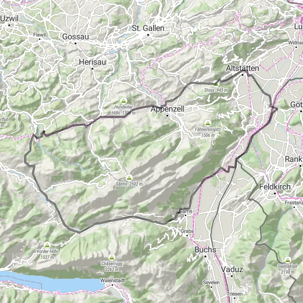 Kartminiatyr av "Eventyrlig sykkeltur gjennom pittoreske landsbyer" sykkelinspirasjon i Vorarlberg, Austria. Generert av Tarmacs.app sykkelrutoplanlegger