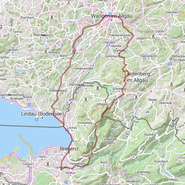 Miniatuurkaart van de fietsinspiratie "Avontuurlijke Gravelroute naar Wangen im Allgäu" in Vorarlberg, Austria. Gemaakt door de Tarmacs.app fietsrouteplanner