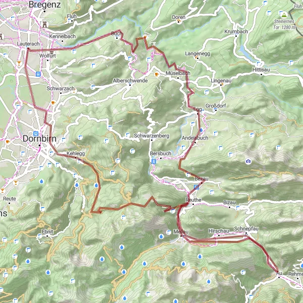 Miniaturní mapa "Gravelová okruhová cyklistická trasa od Lauterachu" inspirace pro cyklisty v oblasti Vorarlberg, Austria. Vytvořeno pomocí plánovače tras Tarmacs.app