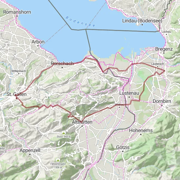 Miniaturní mapa "Gravelová okruhová cyklistická trasa od Lauterachu" inspirace pro cyklisty v oblasti Vorarlberg, Austria. Vytvořeno pomocí plánovače tras Tarmacs.app