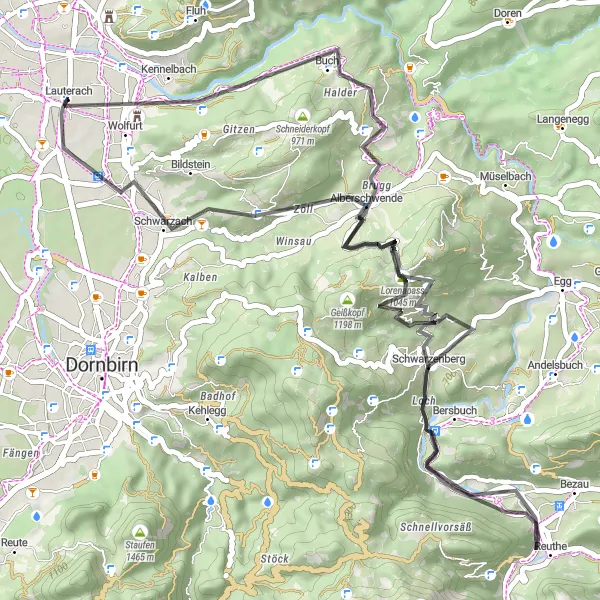 Miniatua del mapa de inspiración ciclista "Aventura en carretera por los Alpes desde Lauterach" en Vorarlberg, Austria. Generado por Tarmacs.app planificador de rutas ciclistas
