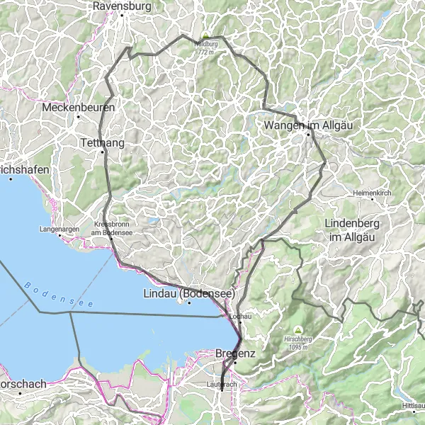 Miniatua del mapa de inspiración ciclista "Explorando el lago Bodensee en carretera desde Lauterach" en Vorarlberg, Austria. Generado por Tarmacs.app planificador de rutas ciclistas