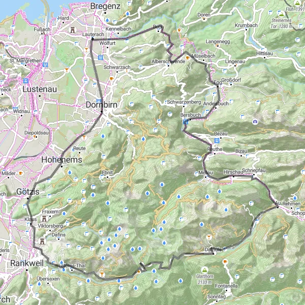 Miniature de la carte de l'inspiration cycliste "Les Alpes autrichiennes en road bike" dans la Vorarlberg, Austria. Générée par le planificateur d'itinéraire cycliste Tarmacs.app