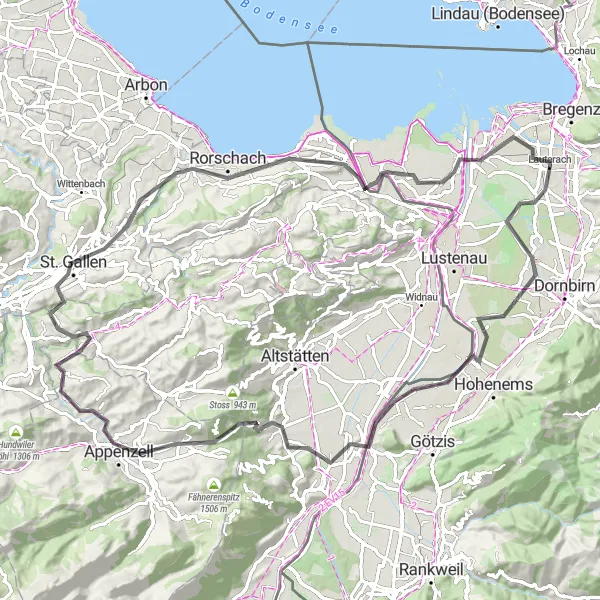 Miniatura della mappa di ispirazione al ciclismo "Giro panoramico attraverso Lauterach e dintorni" nella regione di Vorarlberg, Austria. Generata da Tarmacs.app, pianificatore di rotte ciclistiche