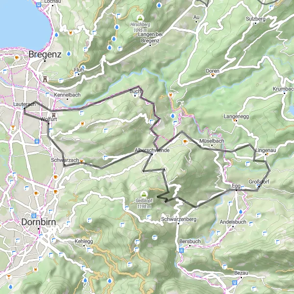 Miniatua del mapa de inspiración ciclista "Ruta con encanto en carretera desde Lauterach" en Vorarlberg, Austria. Generado por Tarmacs.app planificador de rutas ciclistas