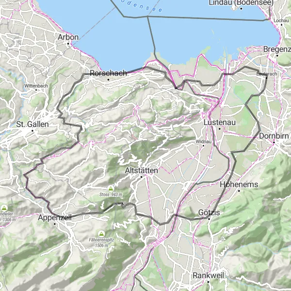 Miniatua del mapa de inspiración ciclista "Ruta escénica por Vorarlberg en carretera desde Lauterach" en Vorarlberg, Austria. Generado por Tarmacs.app planificador de rutas ciclistas
