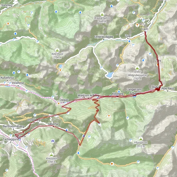 Kartminiatyr av "Flexenpass Gravel Adventure" sykkelinspirasjon i Vorarlberg, Austria. Generert av Tarmacs.app sykkelrutoplanlegger