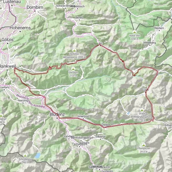 Kartminiatyr av "Eventyrlig grusrute gjennom Vorarlberg" sykkelinspirasjon i Vorarlberg, Austria. Generert av Tarmacs.app sykkelrutoplanlegger
