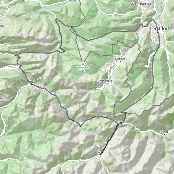 Kartminiatyr av "Utmanande cykeltur över Hochtannbergpass och Oberstdorf" cykelinspiration i Vorarlberg, Austria. Genererad av Tarmacs.app cykelruttplanerare