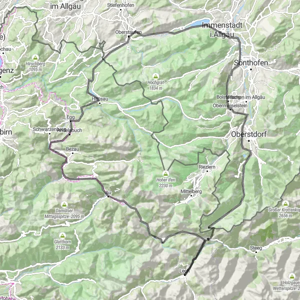 Zemljevid v pomanjšavi "Cestno kolesarjenje po severnem Vorarlbergu" kolesarske inspiracije v Vorarlberg, Austria. Generirano z načrtovalcem kolesarskih poti Tarmacs.app