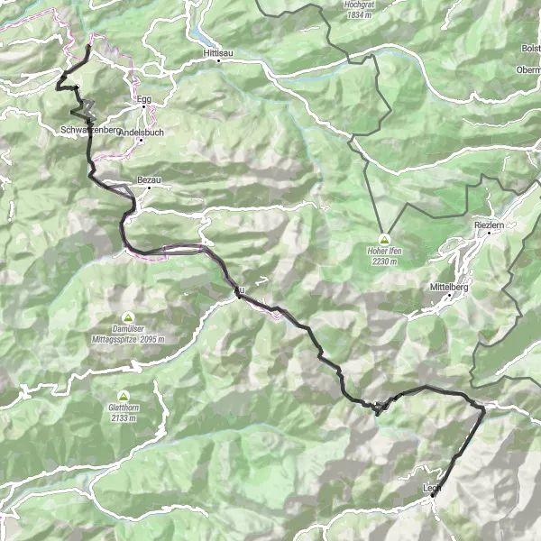 Miniatua del mapa de inspiración ciclista "Ruta en Carretera por Vorarlberg" en Vorarlberg, Austria. Generado por Tarmacs.app planificador de rutas ciclistas