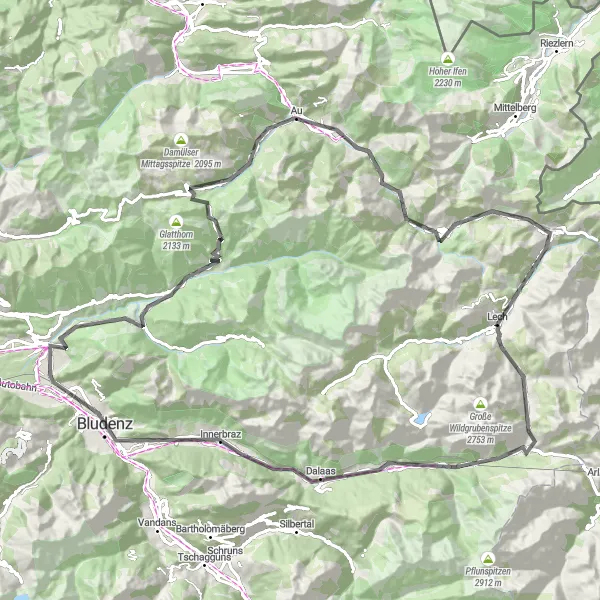 Miniature de la carte de l'inspiration cycliste "Aventure alpine de Lech" dans la Vorarlberg, Austria. Générée par le planificateur d'itinéraire cycliste Tarmacs.app