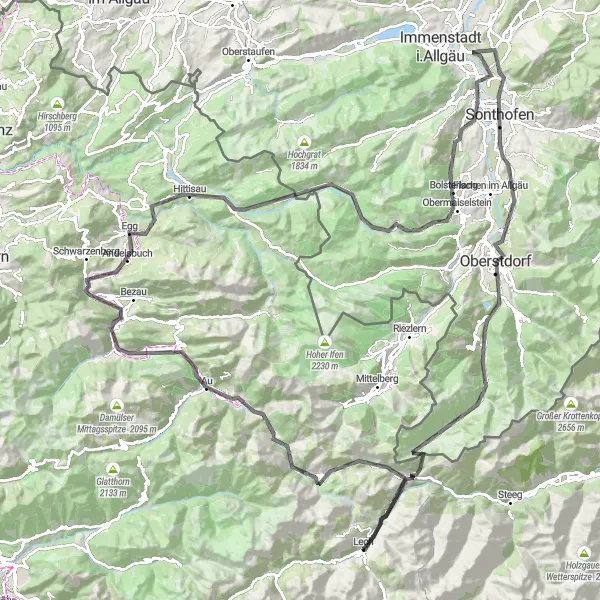 Karttaminiaatyyri "Pitkä ja vaativa reitti Lechin ympäri" pyöräilyinspiraatiosta alueella Vorarlberg, Austria. Luotu Tarmacs.app pyöräilyreittisuunnittelijalla