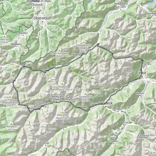Karttaminiaatyyri "Haastava vuoristoreitti Lechin ympäri" pyöräilyinspiraatiosta alueella Vorarlberg, Austria. Luotu Tarmacs.app pyöräilyreittisuunnittelijalla
