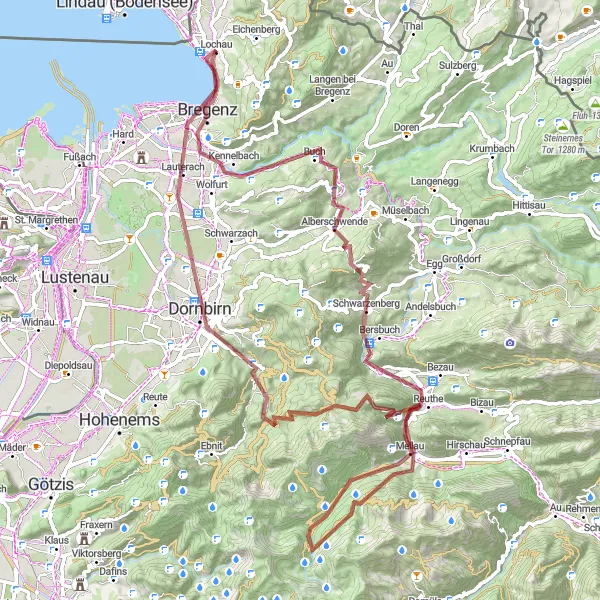 Miniature de la carte de l'inspiration cycliste "Le Tour du Lac de Constance Gravel Adventure" dans la Vorarlberg, Austria. Générée par le planificateur d'itinéraire cycliste Tarmacs.app