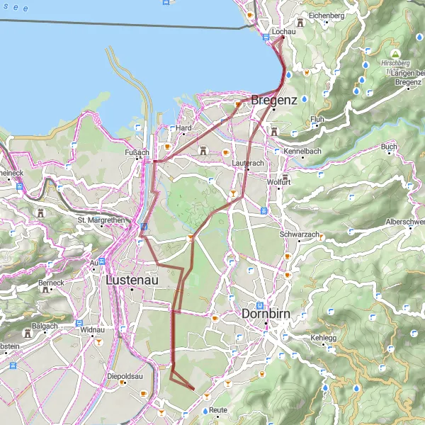 Map miniature of "Gravel Adventure to Lochau" cycling inspiration in Vorarlberg, Austria. Generated by Tarmacs.app cycling route planner