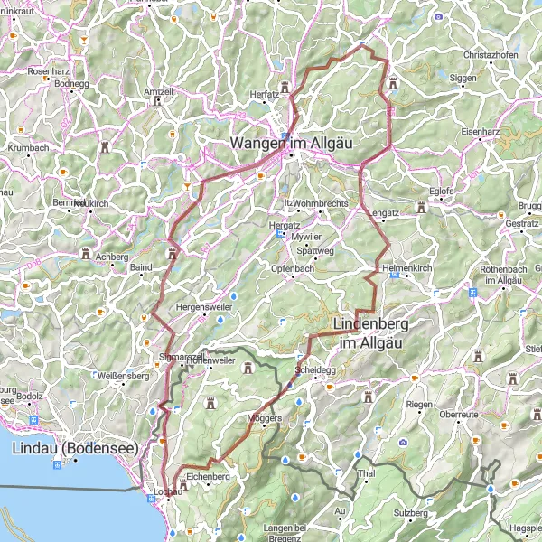 Miniaturní mapa "Gravel do Allgäu" inspirace pro cyklisty v oblasti Vorarlberg, Austria. Vytvořeno pomocí plánovače tras Tarmacs.app