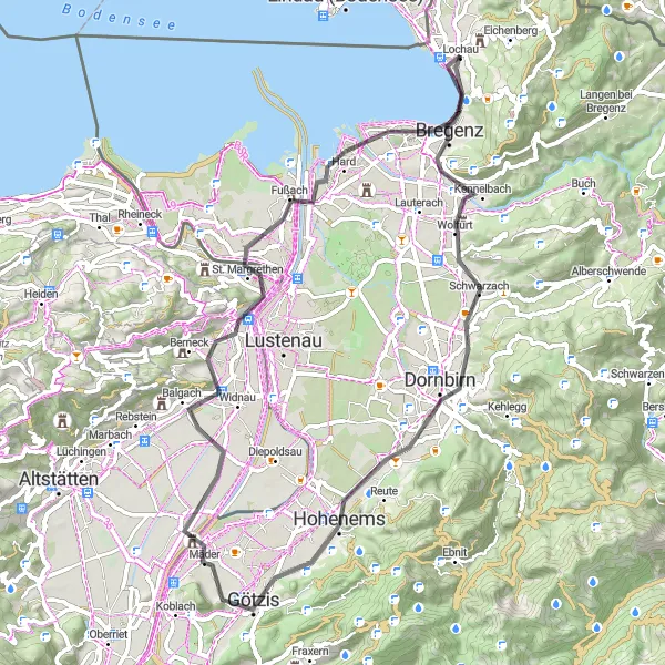 Miniatura della mappa di ispirazione al ciclismo "Giro in bicicletta intorno a Lochau" nella regione di Vorarlberg, Austria. Generata da Tarmacs.app, pianificatore di rotte ciclistiche