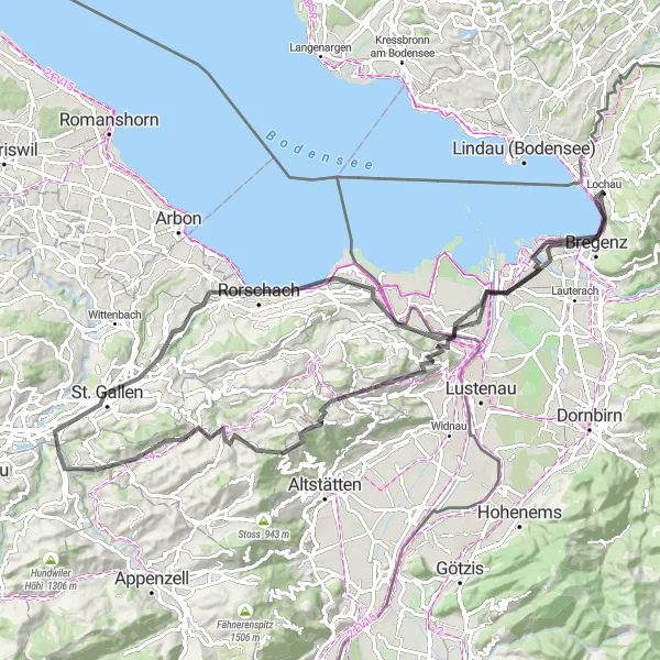 Map miniature of "Bregenz to St. Gallen Expedition" cycling inspiration in Vorarlberg, Austria. Generated by Tarmacs.app cycling route planner