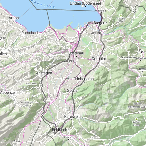 Miniatura della mappa di ispirazione al ciclismo "Giro in bicicletta dalla bellezza mozzafiato nei dintorni di Lochau" nella regione di Vorarlberg, Austria. Generata da Tarmacs.app, pianificatore di rotte ciclistiche