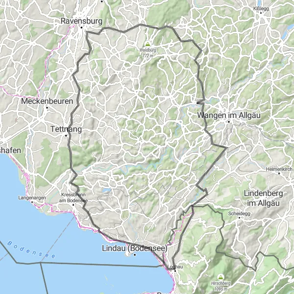 Zemljevid v pomanjšavi "Pot naokoli Lindav (Bodensko jezero)" kolesarske inspiracije v Vorarlberg, Austria. Generirano z načrtovalcem kolesarskih poti Tarmacs.app