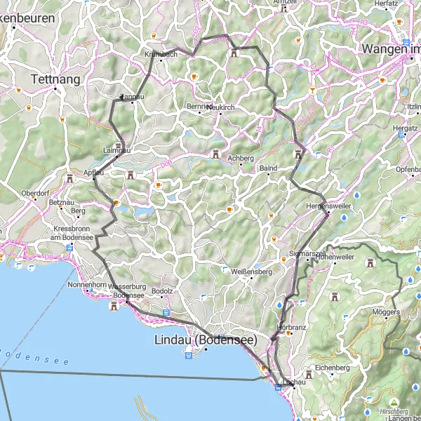 Miniaturní mapa "Prozkoumání okolí Bodamského jezera" inspirace pro cyklisty v oblasti Vorarlberg, Austria. Vytvořeno pomocí plánovače tras Tarmacs.app