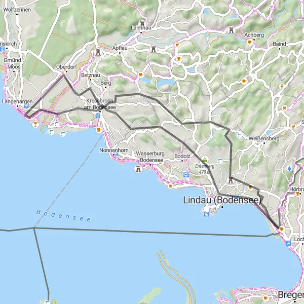 Miniatura della mappa di ispirazione al ciclismo "Esplorazione delle colline intorno a Lochau" nella regione di Vorarlberg, Austria. Generata da Tarmacs.app, pianificatore di rotte ciclistiche