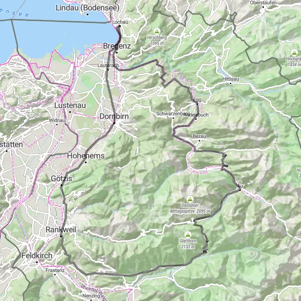 Miniature de la carte de l'inspiration cycliste "L'Épopée des Montagnes en Vélo de Route" dans la Vorarlberg, Austria. Générée par le planificateur d'itinéraire cycliste Tarmacs.app