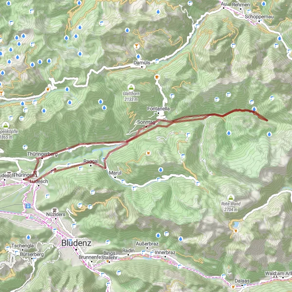 Miniature de la carte de l'inspiration cycliste "Le circuit gravel de Blons et Ludesch" dans la Vorarlberg, Austria. Générée par le planificateur d'itinéraire cycliste Tarmacs.app
