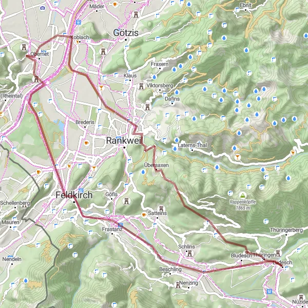 Miniatuurkaart van de fietsinspiratie "Gravelroute naar Dünserberg en terug" in Vorarlberg, Austria. Gemaakt door de Tarmacs.app fietsrouteplanner