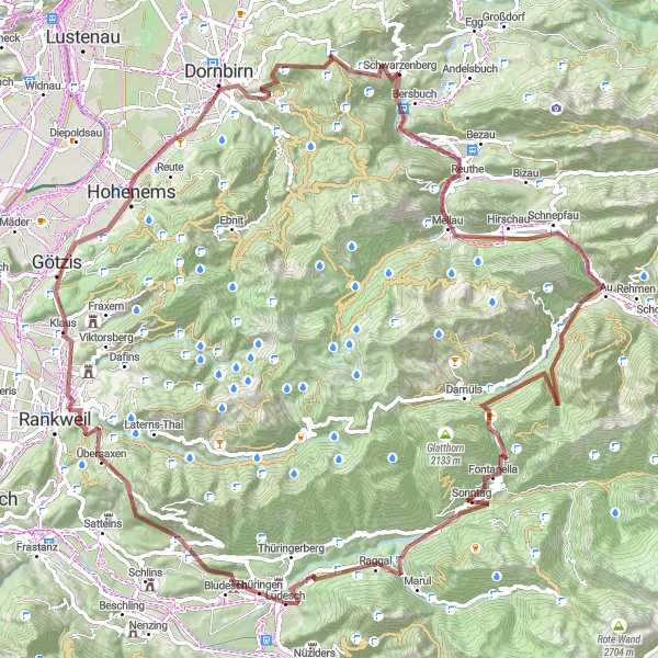 Miniaturekort af cykelinspirationen "Udfordrende Gravel Eventyr gennem Dornbirn og Faschina" i Vorarlberg, Austria. Genereret af Tarmacs.app cykelruteplanlægger