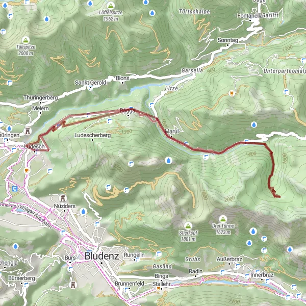 Miniaturní mapa "Gravelová trasa od Ludesch k Benediktinerpropstei Sankt Gerold" inspirace pro cyklisty v oblasti Vorarlberg, Austria. Vytvořeno pomocí plánovače tras Tarmacs.app