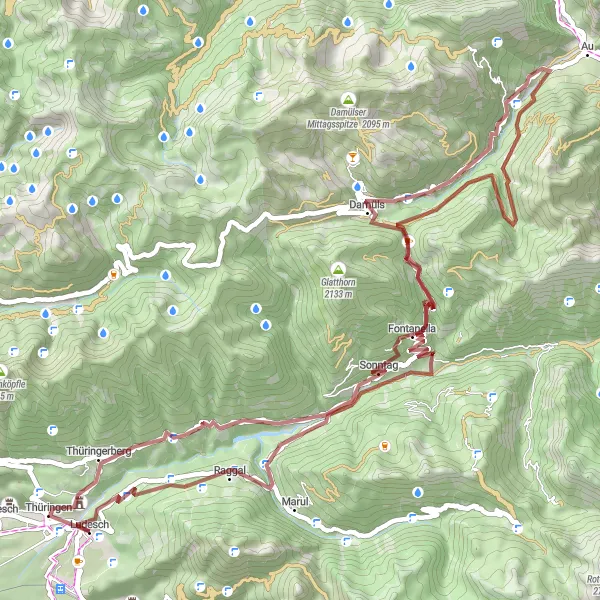 Miniatua del mapa de inspiración ciclista "Ruta de ciclismo de grava en los alrededores de Ludesch" en Vorarlberg, Austria. Generado por Tarmacs.app planificador de rutas ciclistas