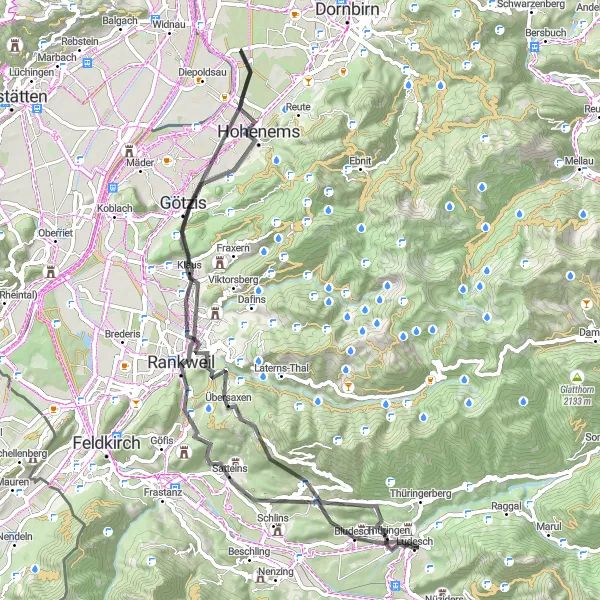 Karttaminiaatyyri "Kaunis pyöräilyreitti Satteinsin, Rankweilin ja muiden kohteiden kautta" pyöräilyinspiraatiosta alueella Vorarlberg, Austria. Luotu Tarmacs.app pyöräilyreittisuunnittelijalla