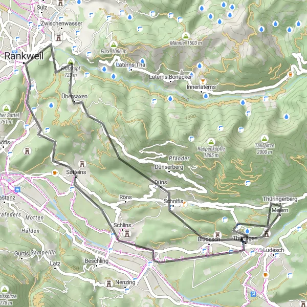 Zemljevid v pomanjšavi "Cestna ruta do Thüringerberga" kolesarske inspiracije v Vorarlberg, Austria. Generirano z načrtovalcem kolesarskih poti Tarmacs.app