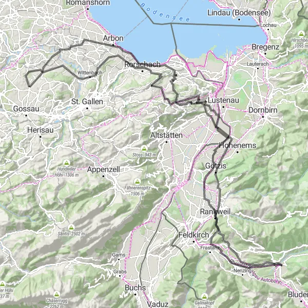 Miniatura della mappa di ispirazione al ciclismo "Giro in bicicletta da Ludesch con visite a Rabenstein, Göfis, Götzis, Soele, Wolfhalden, 3-Länder-Blick, Arbon, Häggenschwil, Waldkirch, Rorschacherberg, Dunantplatz, Oberegg, Altach, Schlosshügel, Schlins" nella regione di Vorarlberg, Austria. Generata da Tarmacs.app, pianificatore di rotte ciclistiche