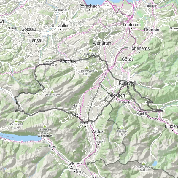 Map miniature of "Vorarlberg Mountain Adventure" cycling inspiration in Vorarlberg, Austria. Generated by Tarmacs.app cycling route planner