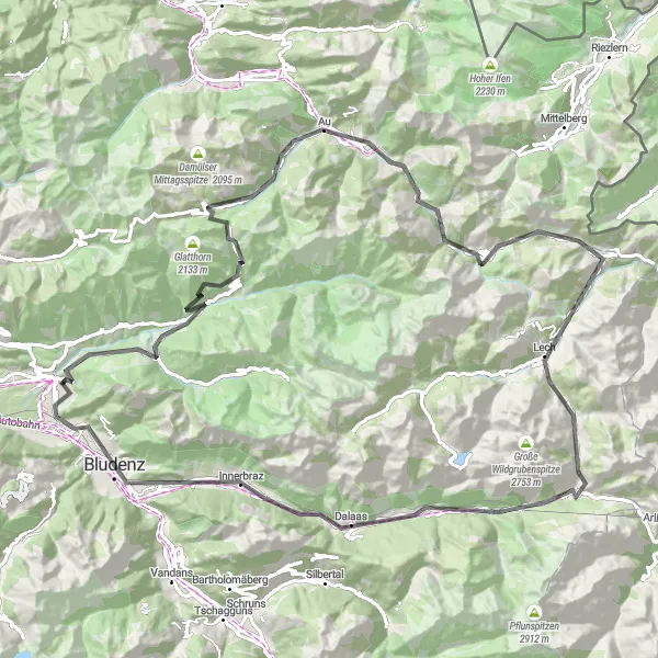 Miniatua del mapa de inspiración ciclista "Ruta de ciclismo de carretera a partir de Ludesch" en Vorarlberg, Austria. Generado por Tarmacs.app planificador de rutas ciclistas