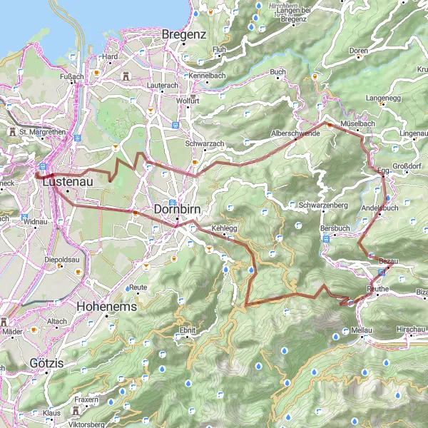 Karttaminiaatyyri "Gravel Road Adventure Lustenau-Bezegg" pyöräilyinspiraatiosta alueella Vorarlberg, Austria. Luotu Tarmacs.app pyöräilyreittisuunnittelijalla