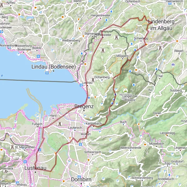Map miniature of "Lustenau Bregenz Aussichtspunkt Hohenweiler Drei Eichen Möggers Tatzen Känzele Wolfurt" cycling inspiration in Vorarlberg, Austria. Generated by Tarmacs.app cycling route planner
