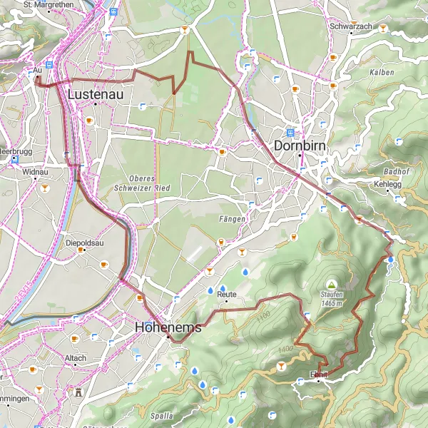 Miniatua del mapa de inspiración ciclista "Ruta de Grava por Lustenau y alrededores" en Vorarlberg, Austria. Generado por Tarmacs.app planificador de rutas ciclistas