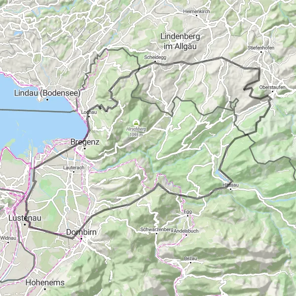 Miniatua del mapa de inspiración ciclista "Ruta a Breganzona y Lingenau" en Vorarlberg, Austria. Generado por Tarmacs.app planificador de rutas ciclistas