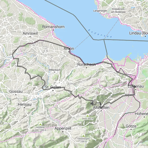 Miniatua del mapa de inspiración ciclista "Ruta a St. Gallen y Bischofszell" en Vorarlberg, Austria. Generado por Tarmacs.app planificador de rutas ciclistas