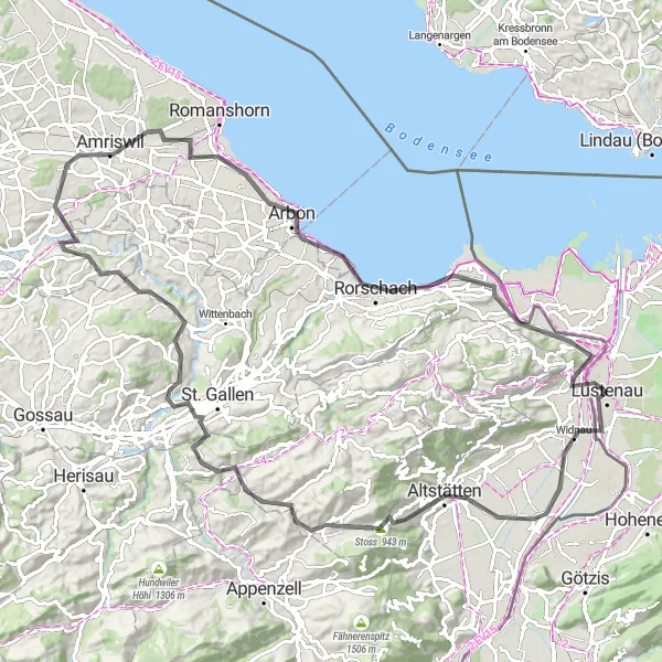 Map miniature of "Lustenau Widnau Wächterhüüsli Gais Teufen AR Gaiserwald Gewerbeturm Amriswil Amriswil Arbon Rorschach" cycling inspiration in Vorarlberg, Austria. Generated by Tarmacs.app cycling route planner