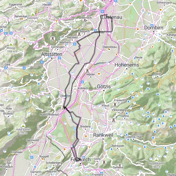 Map miniature of "Lustenau Balgach Beobachtungsturm Spitzmäder Feldkirch Känzele Montlingen Au" cycling inspiration in Vorarlberg, Austria. Generated by Tarmacs.app cycling route planner
