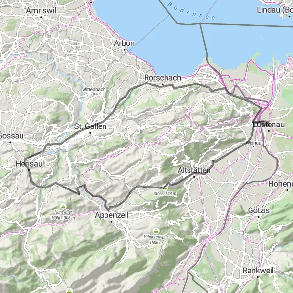 Map miniature of "Rhine Valley and Appenzellerland Loop" cycling inspiration in Vorarlberg, Austria. Generated by Tarmacs.app cycling route planner