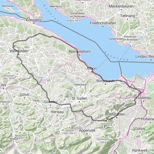 Zemljevid v pomanjšavi "Panoramska vožnja iz Altstättena do Au" kolesarske inspiracije v Vorarlberg, Austria. Generirano z načrtovalcem kolesarskih poti Tarmacs.app
